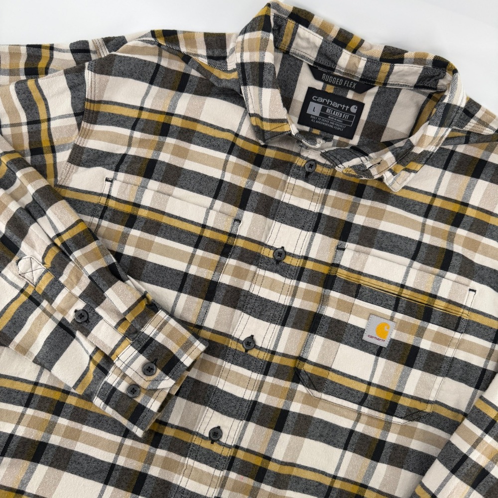 Carhartt Flannel Shirt Mens Large Brown Plaid Rugged Flex TW5945-M Relaxed Fit